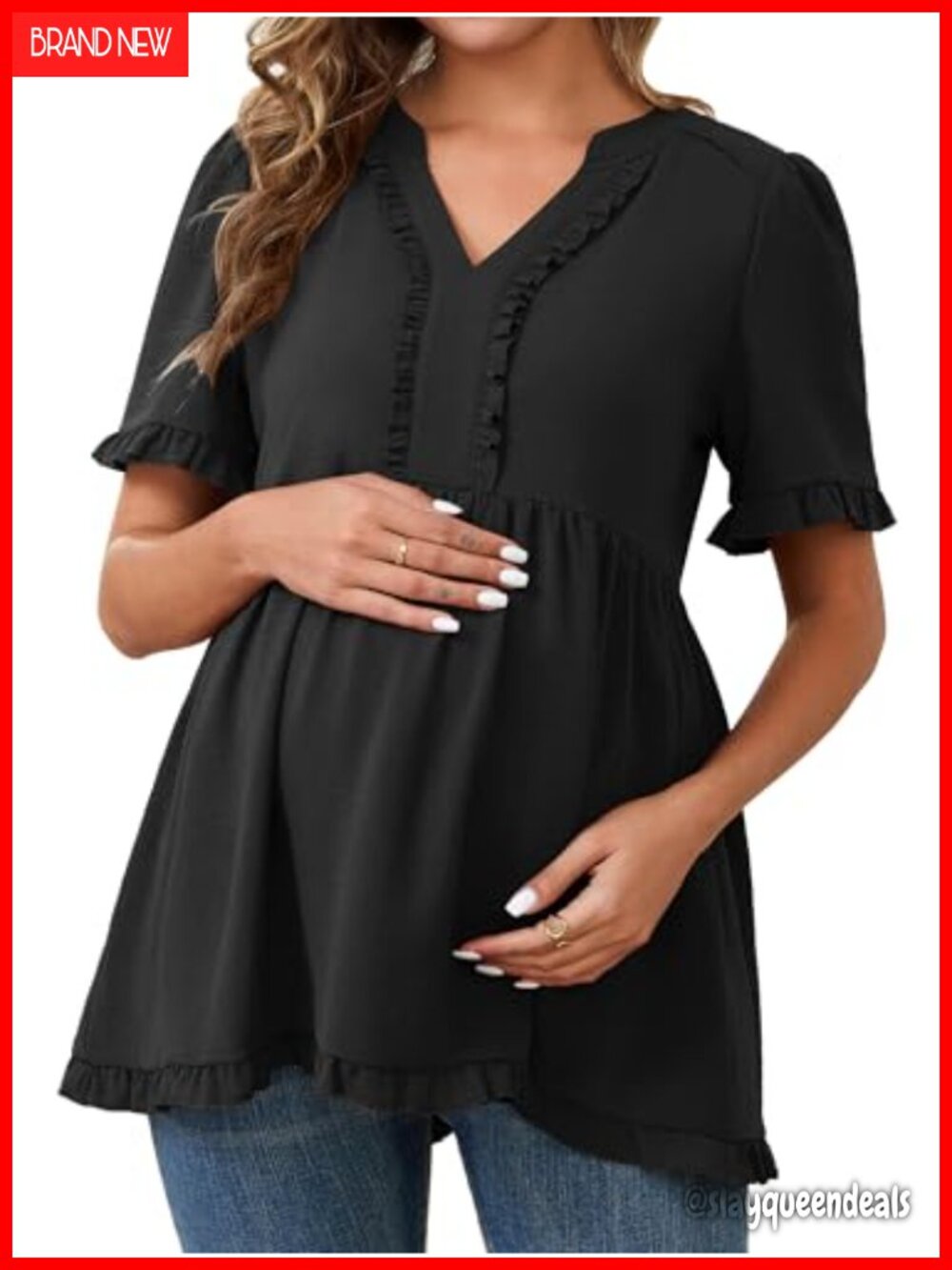 Boho Flowy Ruffled Maternity Blouse V-Neck Babydoll Top